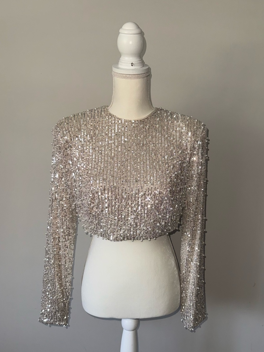 MARBLE Champagne Sequin Long-Sleeve Cropped Top